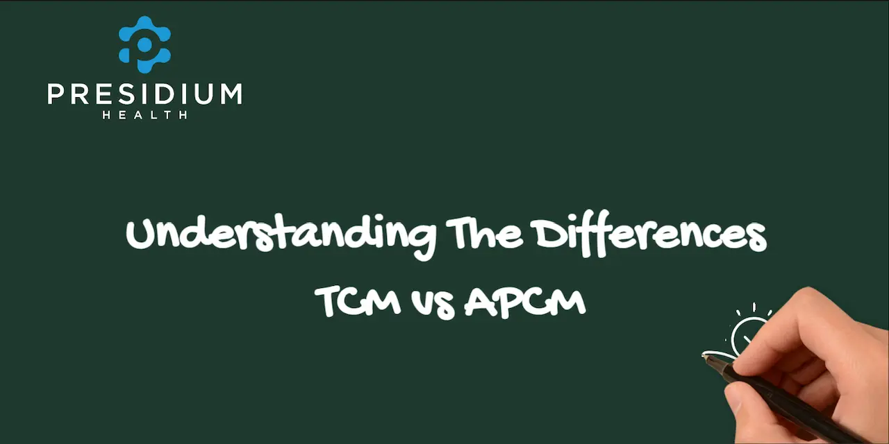 Opening slide of Presidium Health explainer comparing Transitional Care Management (TCM) and Advanced Primary Care Management (APCM) in a policy context