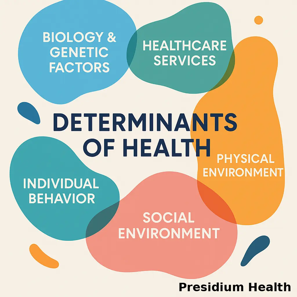 Categories of health determinants including biology and genetic factors, healthcare services, physical environment, individual behavior, and social environment